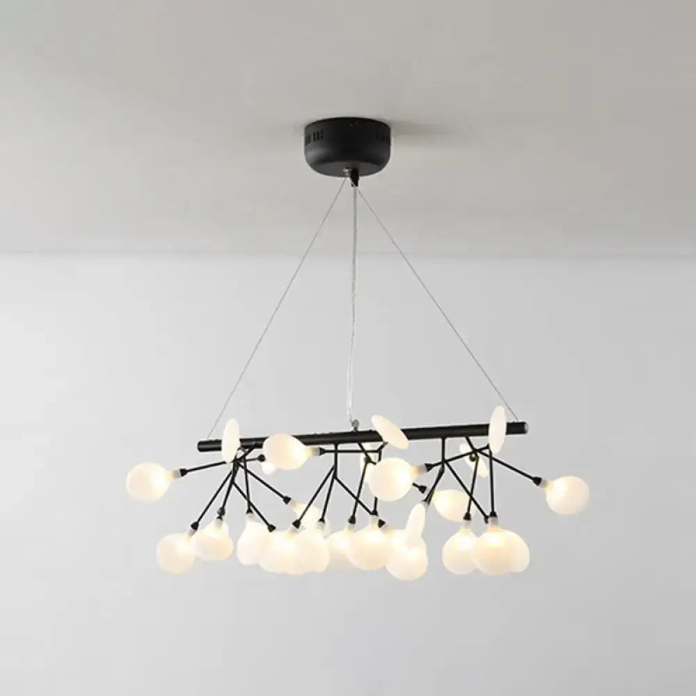Black metal linear firefly pendant lighting with frosted glass globe ceiling light in a branching tree-like design