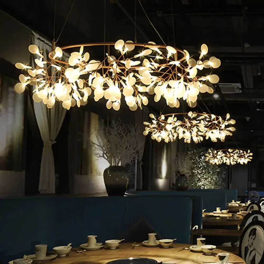 Golden leaf-shaped rose gold metal ceiling light with warm color temperature for restaurants by decorbites ultra-modern