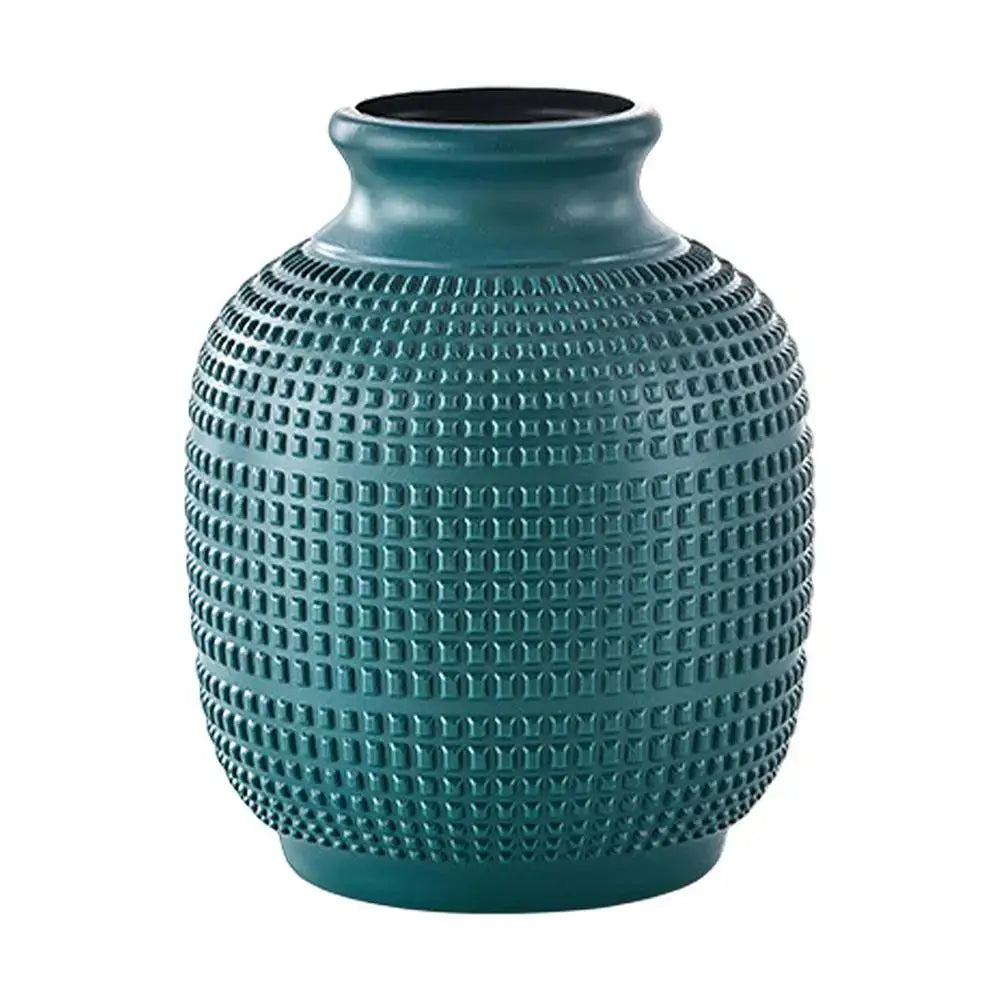 Teal ceramic decorbites unbreakable modern floral vase with textured grid pattern for home decor