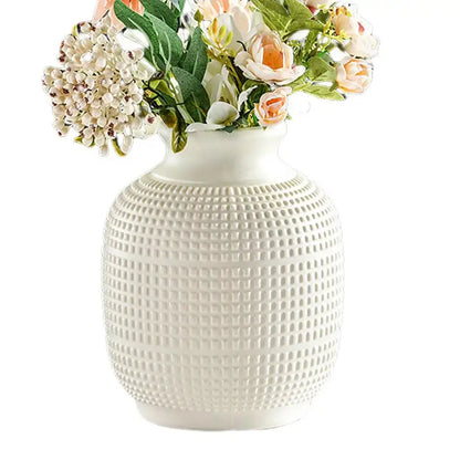 White ceramic unbreakable modern floral vase with textured grid pattern for elegant home decor display
