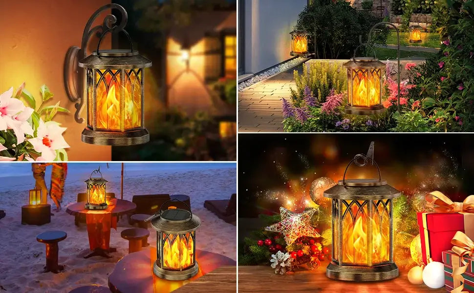 Antique bronze-finished decorbites upgraded flickering flame solar lantern with ornate metal frame and glowing orange flame effect