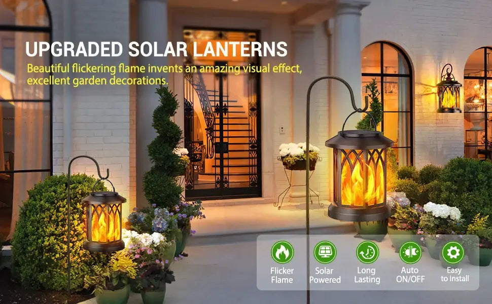 Black wrought iron solar lantern with upgraded flickering flame effect and warm orange glow from DecorBites pack