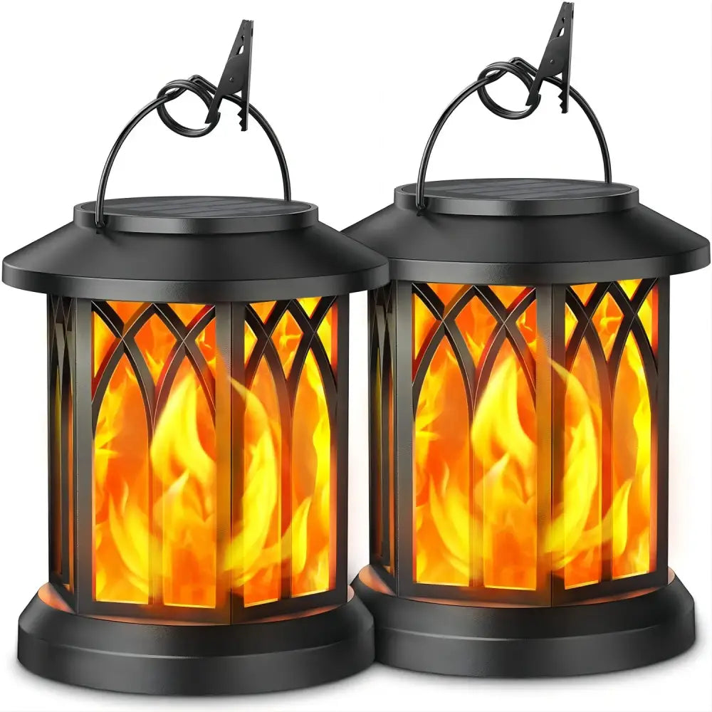 Decorbites™ upgraded flickering flame solar lanterns 2 pack black metal with glowing orange and yellow flame effects