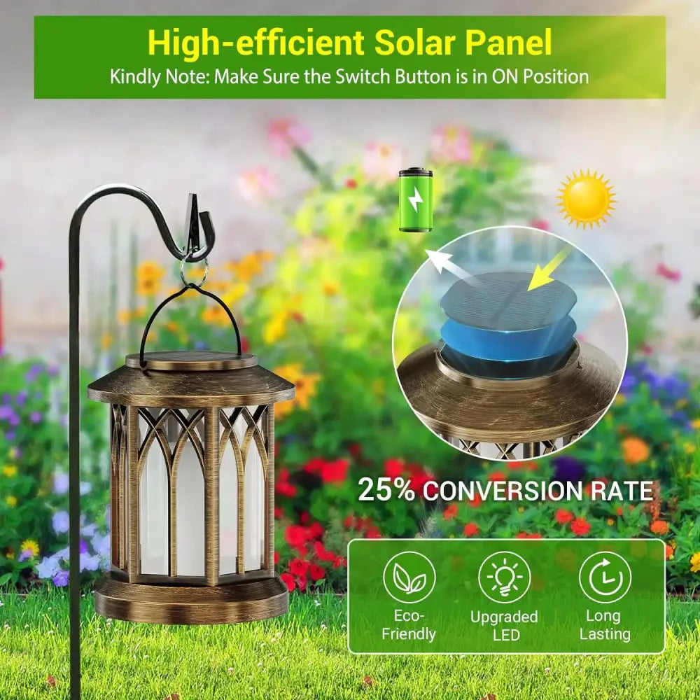 Brass-colored gothic-style decorbites upgraded flickering flame solar lanterns with solar panel on top in 2 pack