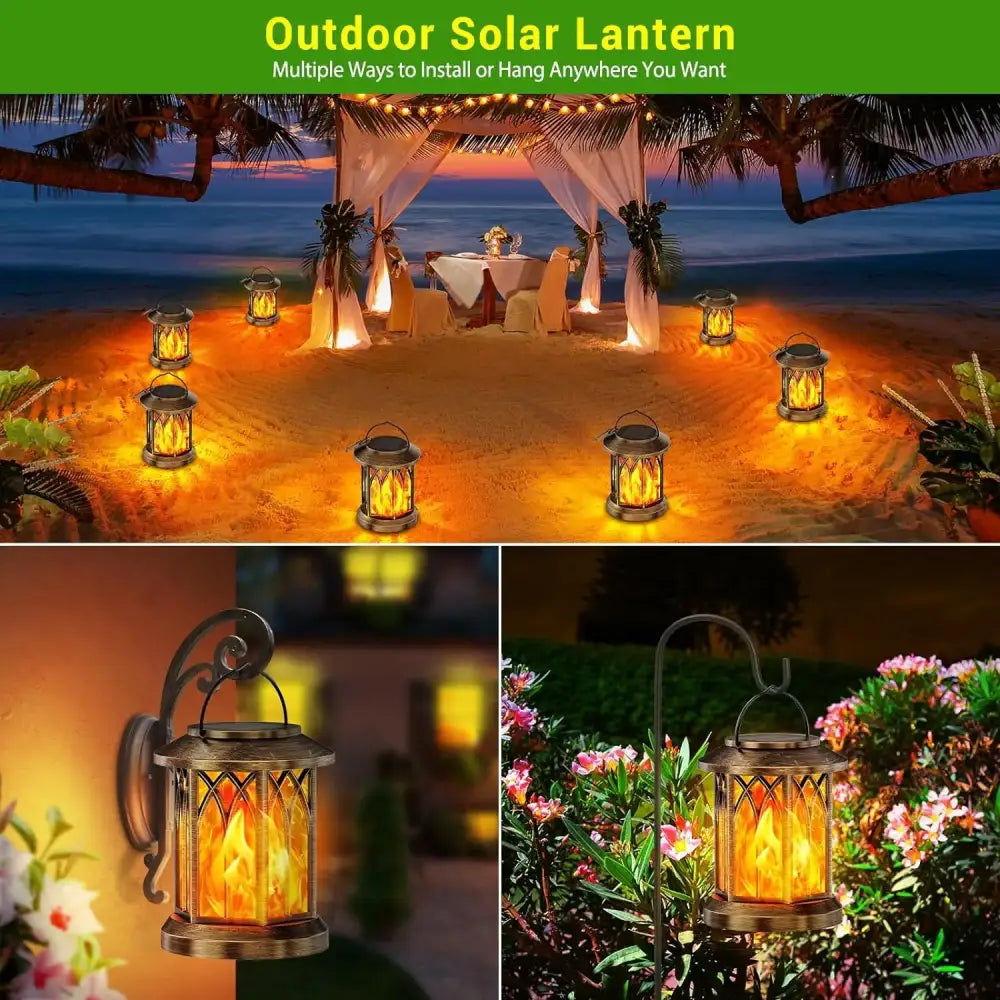 Brass-colored DecorBites™ upgraded flickering flame solar lanterns with glowing orange flame and arched glass panels