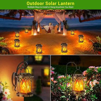 Brass-colored DecorBites™ upgraded flickering flame solar lanterns with glowing orange flame and arched glass panels