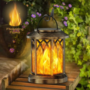 Decorbites upgraded flickering flame solar lanterns 2 pack bronze finished with solar panel top and flickering flame effect inside