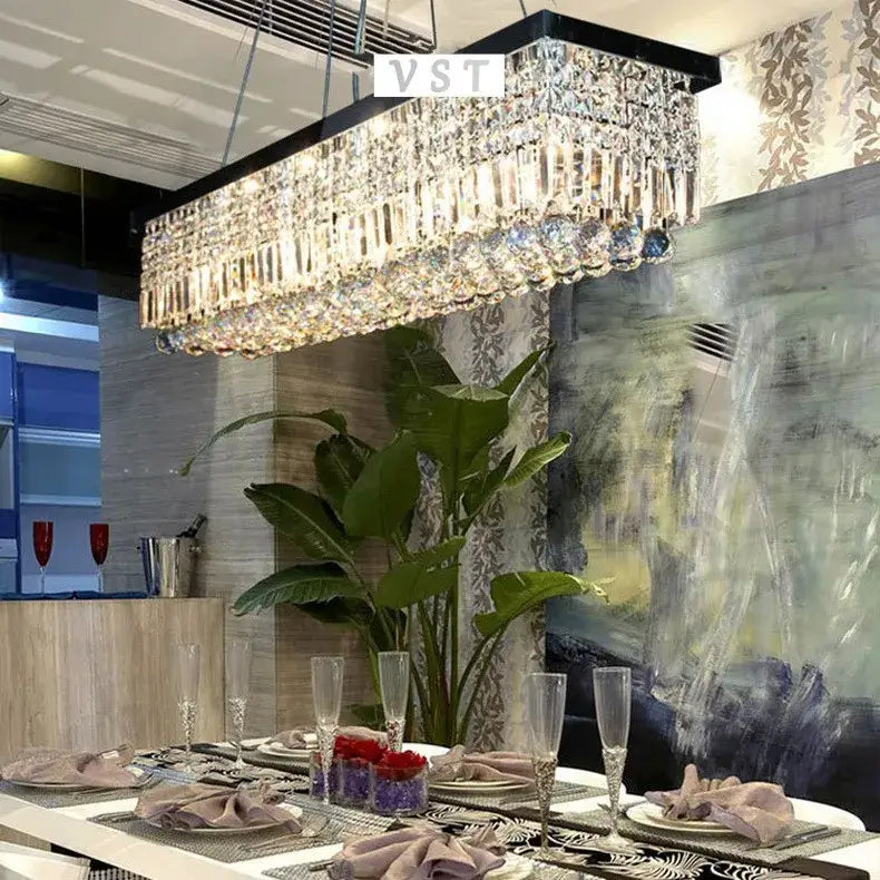 DecorBites™ upscale modern crystal chandelier with black frame and clear crystals for dining room lighting
