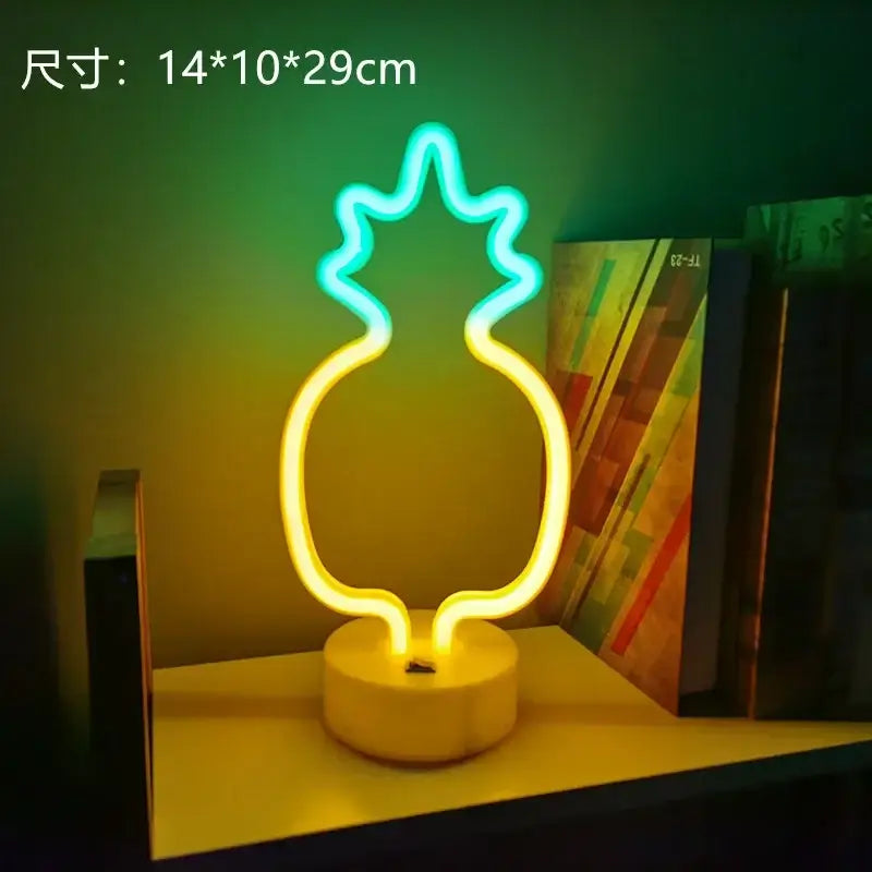 Decorbites™ led neon sign glowing pineapple lamp with yellow base and green blue illuminated outlines for home decor