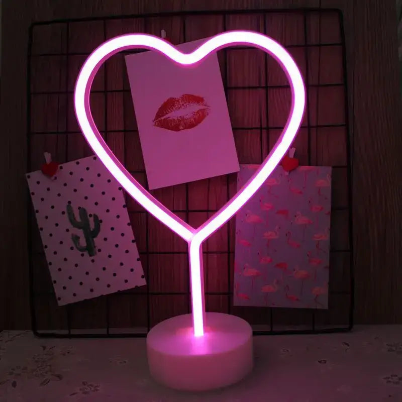 DecorBites™ pink led neon heart lamp with glowing outline and circular base for holiday and wedding decoration