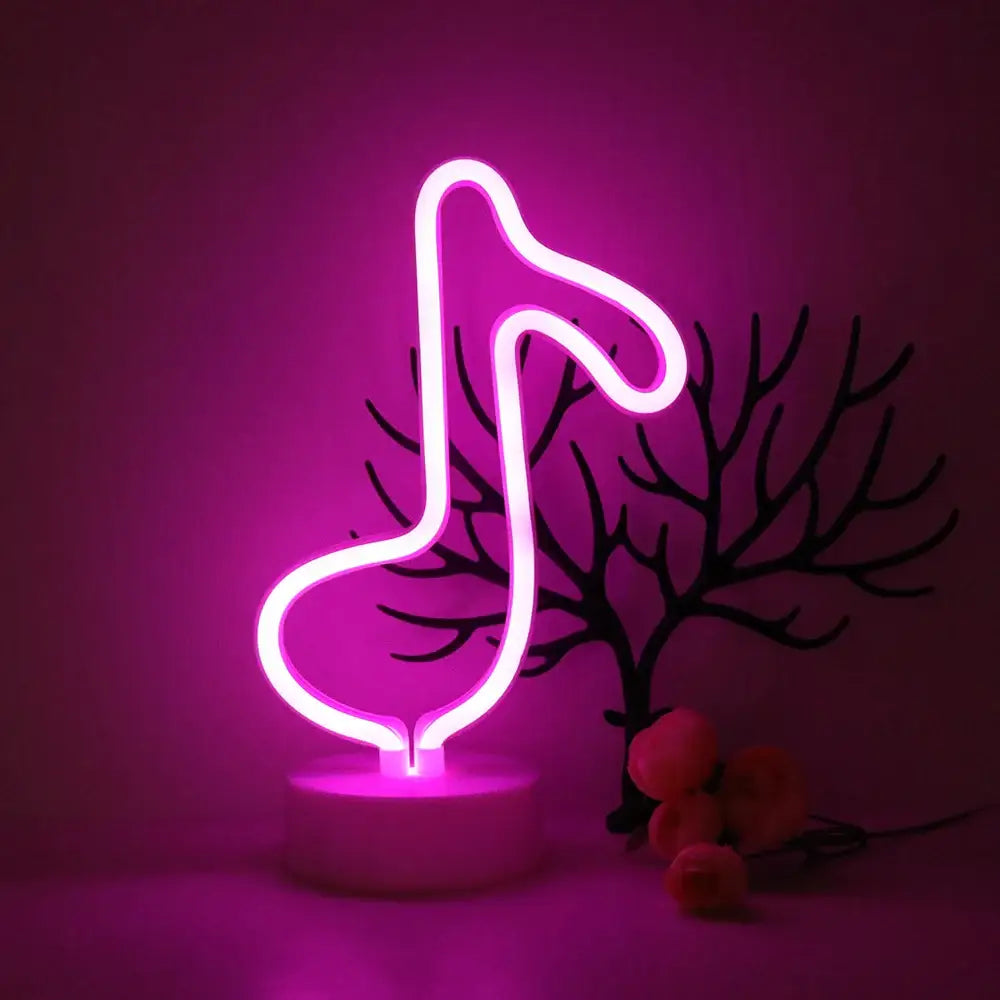 Decorbites™ glowing pink led neon sign shaped like a musical note on white base for party holiday home decoration