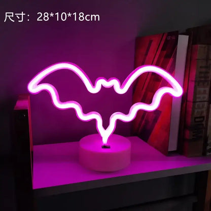 DecorBites™ pink led neon bat-shaped lamp with circular white base usb led neon sign for holiday and party decor