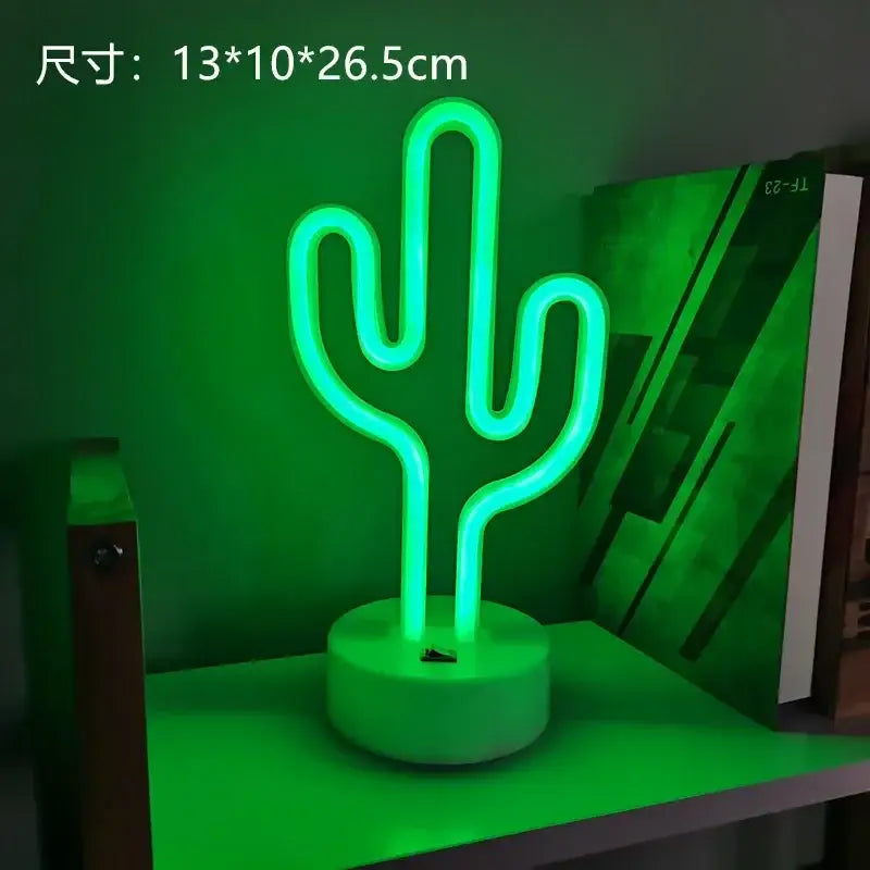 A glowing green led neon cactus lamp with circular base for holiday party wedding decoration and home gift use