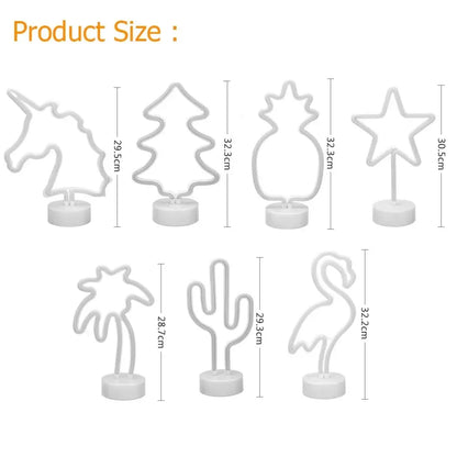Set of six white led neon sign decor figures including unicorn tree pineapple star palm tree cactus and flamingo for home gift