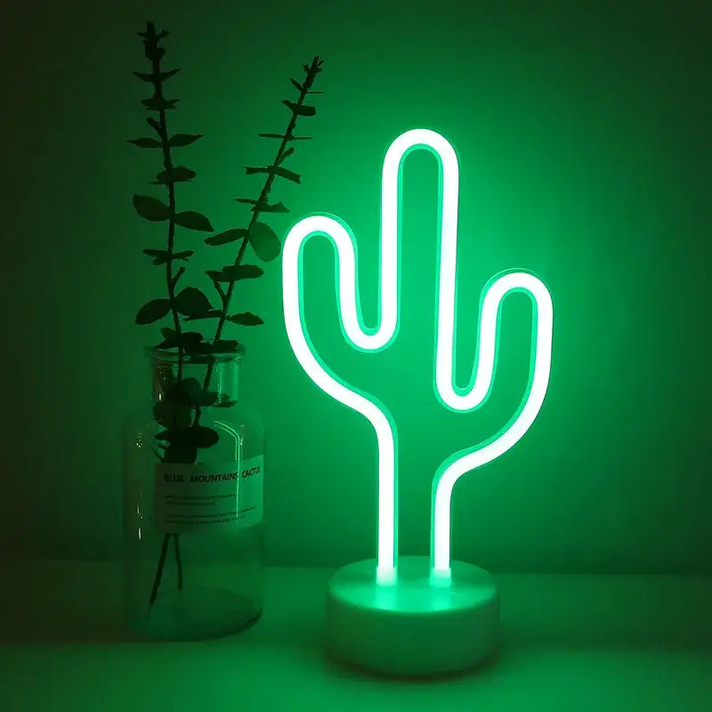 Decorbites™ usb led neon sign lamp featuring a glowing green cactus design with sleek white outline on circular base