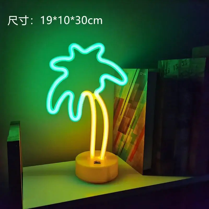 DecorBites usb led neon sign lamp featuring a glowing turquoise and yellow palm tree neon sign on circular base