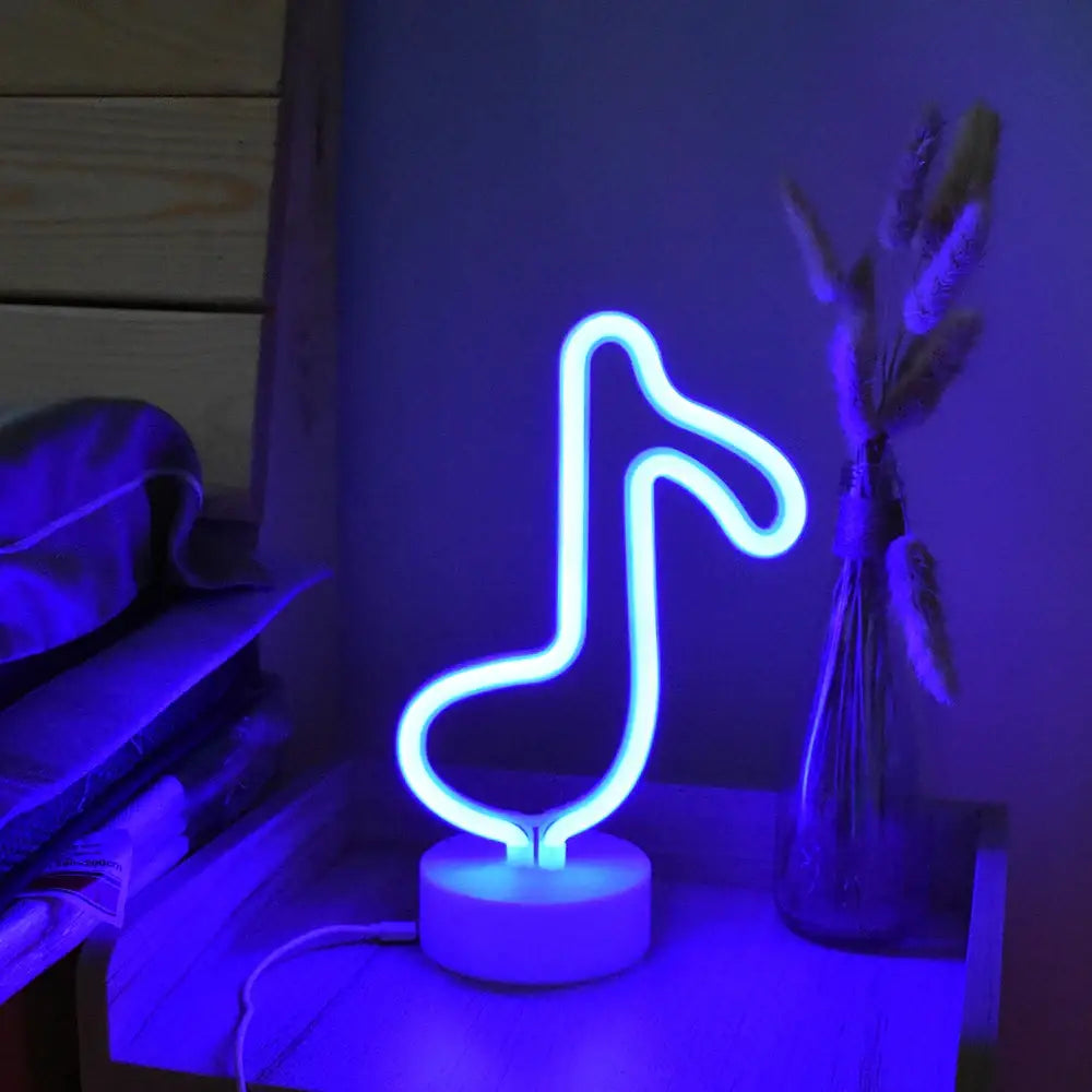 Decorbites™ led neon sign featuring a glowing blue musical note on a white circular base for home decoration