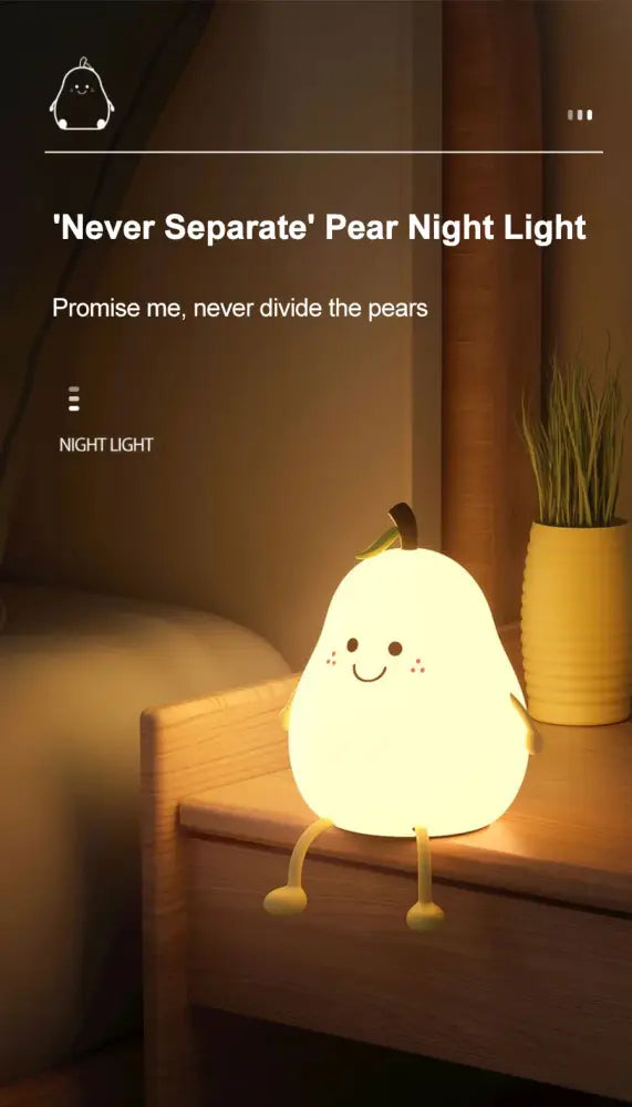 DecorBites™ rechargeable pear silicone night light with glowing face and legs for kids bedroom bedside use