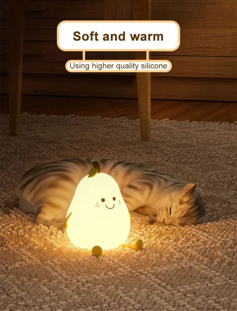 Decorbites™ pear silicone night light with rechargeable usb, soft warm glow, touch sensor, smiling face, and green leaf