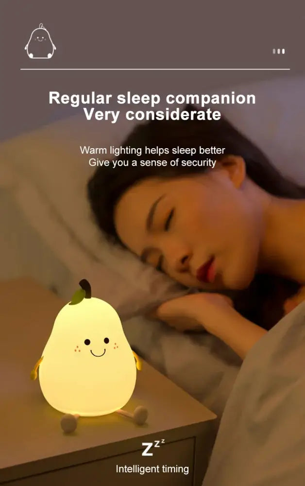 Decorbites™ pear-shaped silicone rechargeable night light with smiling face and feet for kids bedroom bedside use