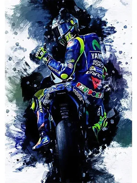 Blue and green yamaha racing suit canvas wall art featuring sponsor logos for living room decor by decorbites valentino rossi