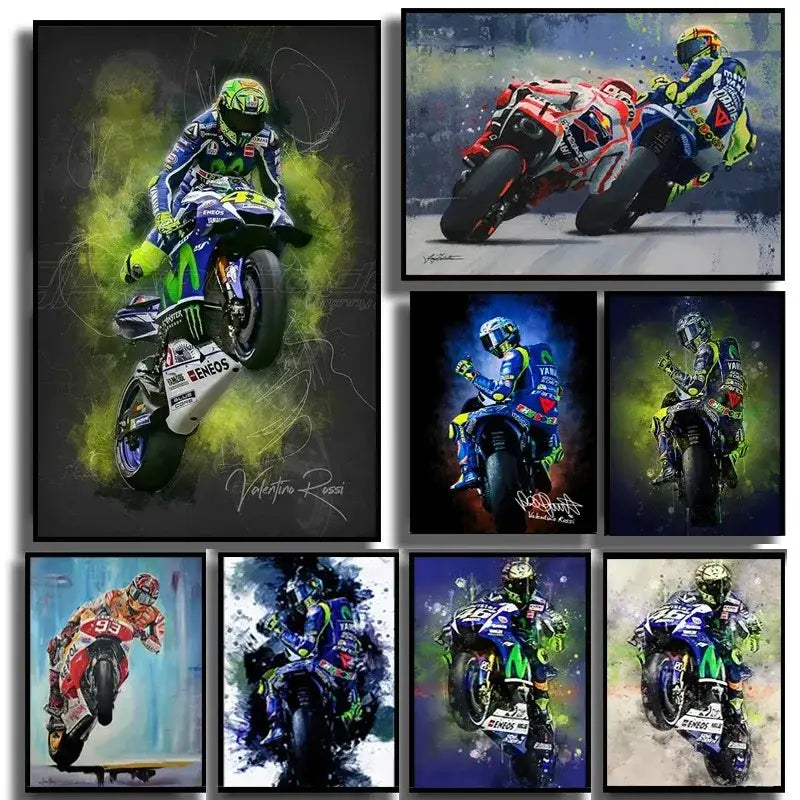 Set of eight vibrant watercolor canvas wall art posters of Valentino Rossi motorcycle racing for living room decor