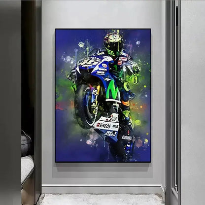 DecorBites™ Valentino Rossi motorcycle racing canvas wall art with vibrant blue and green dynamic splatter effect for living room