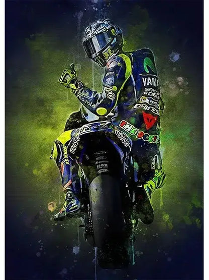 DecorBites™ Valentino Rossi canvas wall art featuring a vibrant blue and yellow Yamaha racing suit for living room decor