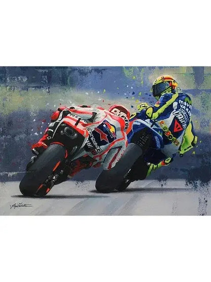 DecorBites™ Valentino Rossi motorcycle racing canvas wall art featuring vibrant red and white bike for living room decor