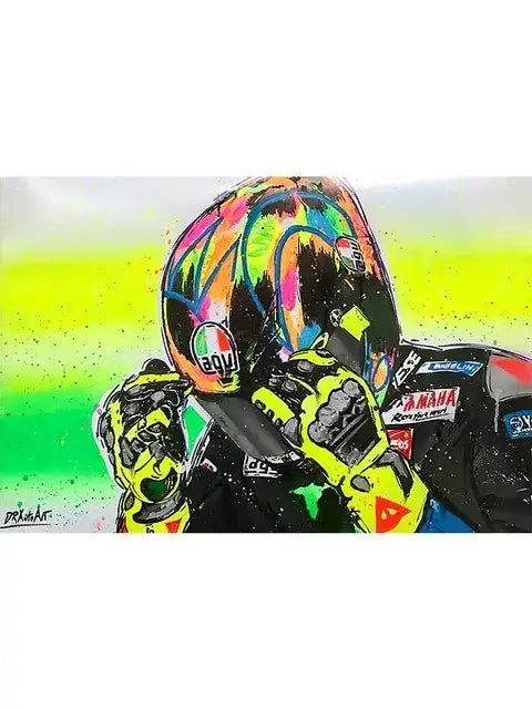 Decorbites™ valentino rossi canvas wall art featuring vibrant multicolored agv motorcycle helmet for living room decor