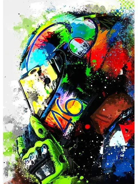 DecorBites™ Valentino Rossi motorcycle racing canvas wall art featuring a vibrant graffiti-style helmet with dainese logo