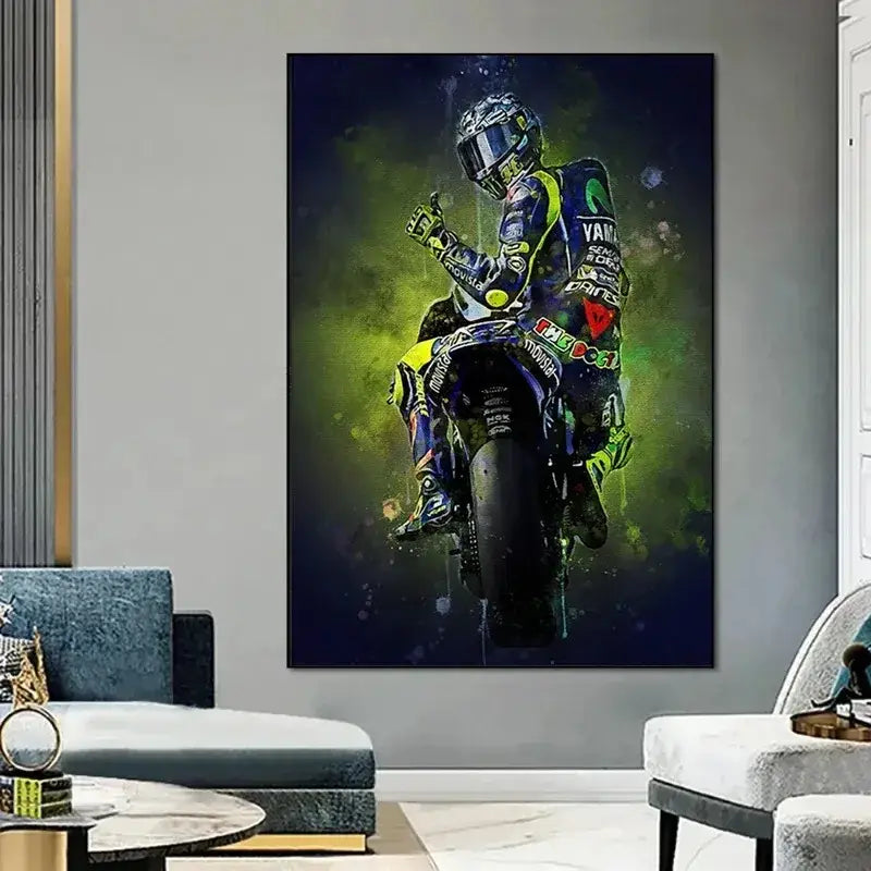 Vividly painted decorbites™ valentino rossi motorcycle racing canvas wall art with blue yellow yamaha racer for living room wall art