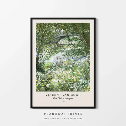 Black-framed DecorBites™ canvas print featuring Vincent Van Goghs impressionistic river banks painting from 1887