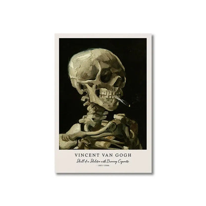 DecorBites™ Vincent Van Gogh starry night canvas print featuring textured earth-toned skeleton with burning cigarette