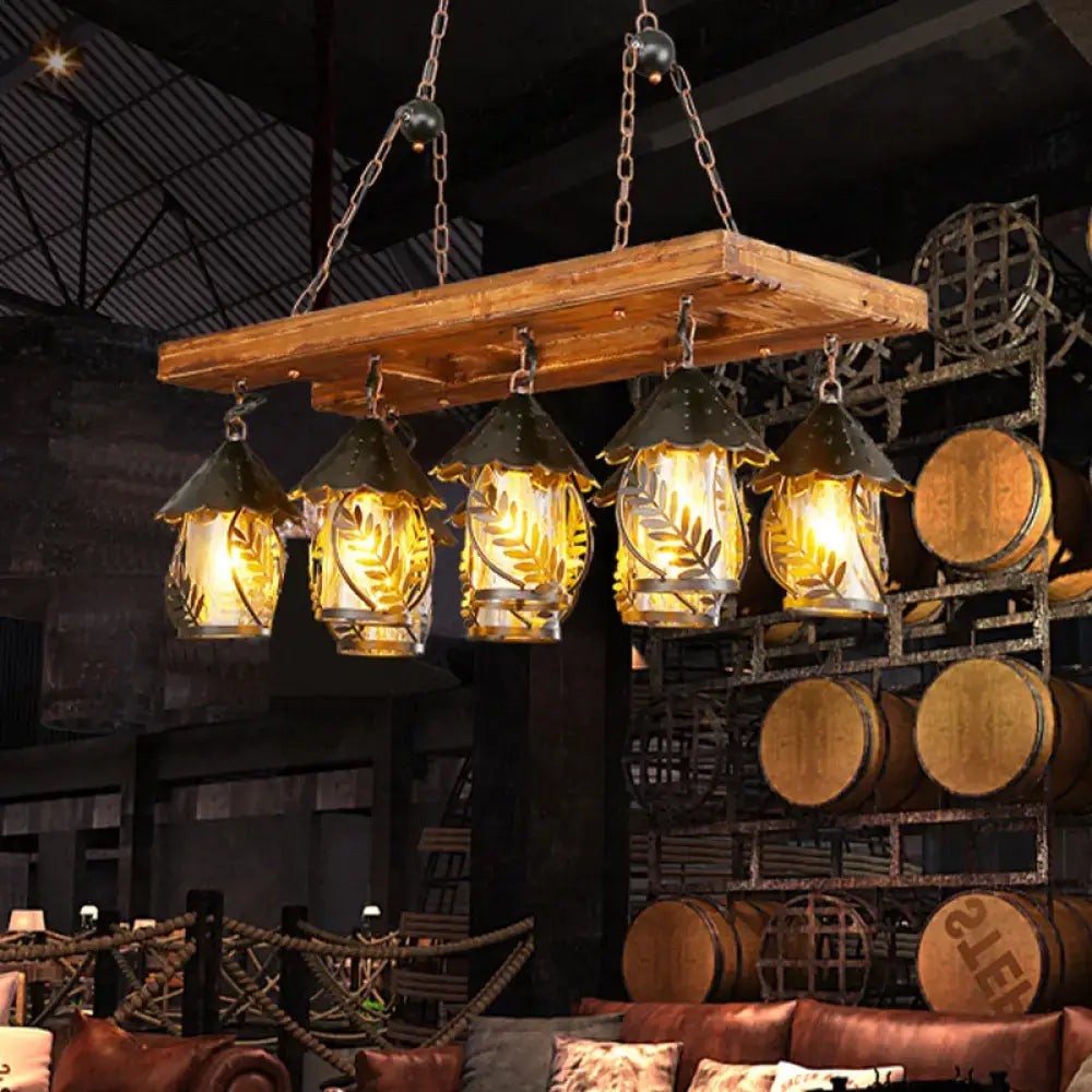 Rustic wooden beam chandelier with five brass lanterns and leaf etchings in black decorbites vintage 8-light pendant with rectangle white fabric clear glass for 220v-240v 110v-120v use