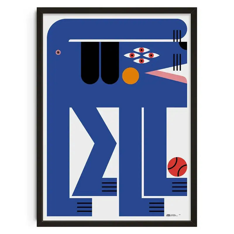DecorBites™ vintage abstract canvas print in blue with bold geometric shapes and stylized eyes for home decor