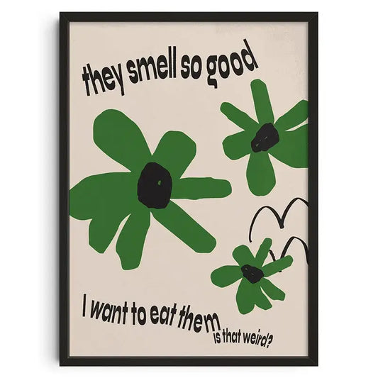 A framed DecorBites™ vintage abstract canvas print with bold black text and green flowers for home decor