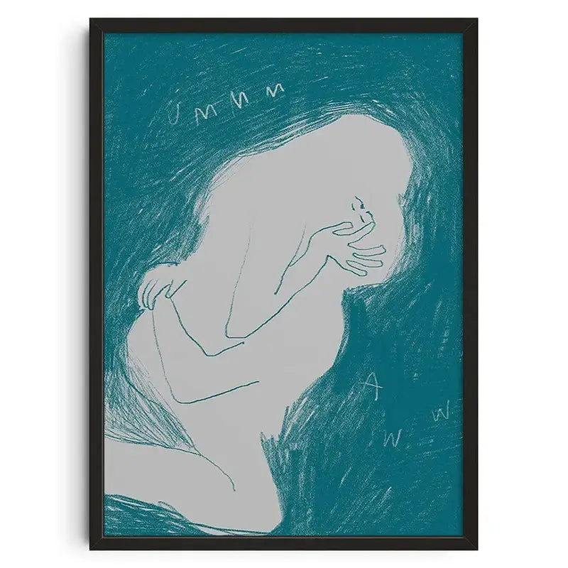 Teal and gray abstract canvas print wall art by DecorBites™ featuring a retro style figure with hands covering face