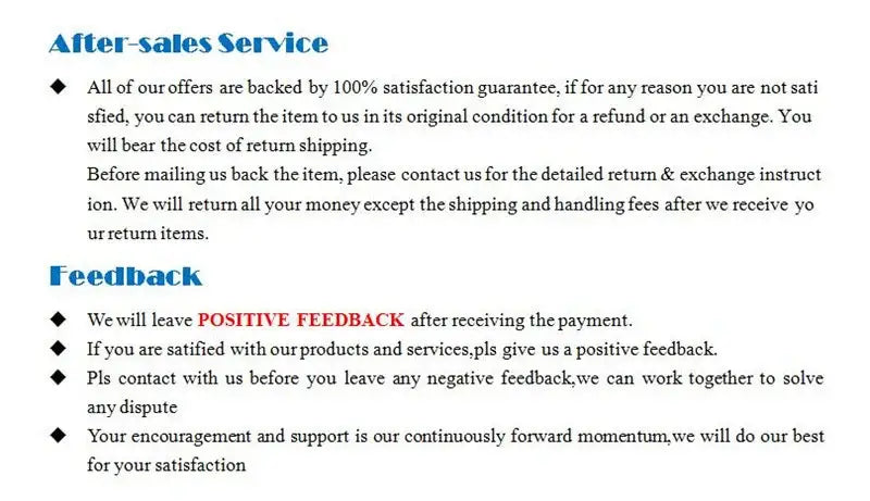 After-sales service and feedback policy document with blue headings for decorbites™ vintage aircraft design poster wall decor