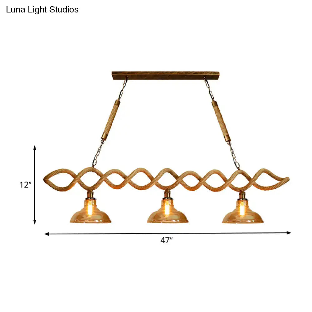DecorBites vintage amber glass ceiling light fixture with rustic rope wrap and wooden mount, fixture width and height visible