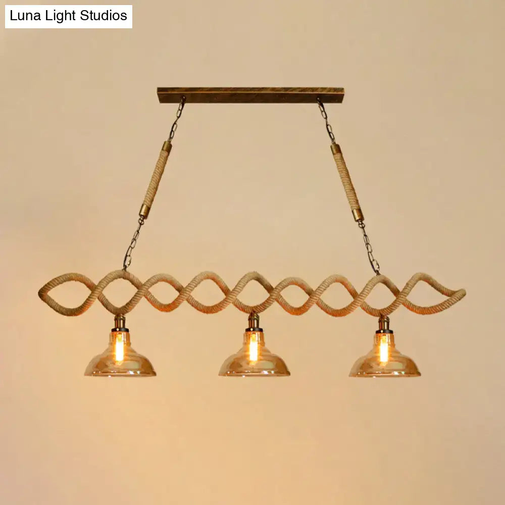 Decorbites vintage amber glass ceiling light with rustic rope wrap, three amber shades, and wooden ceiling mount, fixture height included