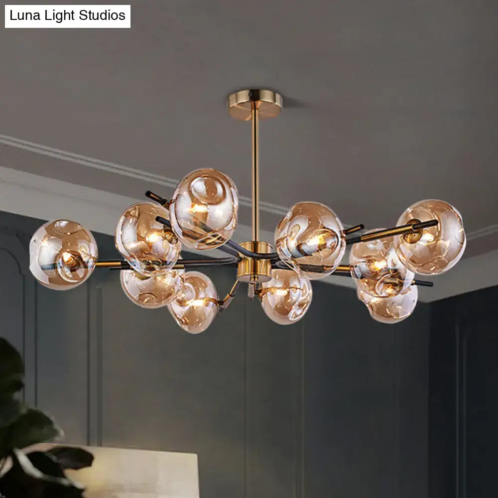 DecorBites vintage amber flush mount chandelier with gold-toned brass and amber glass spheres for living room lighting