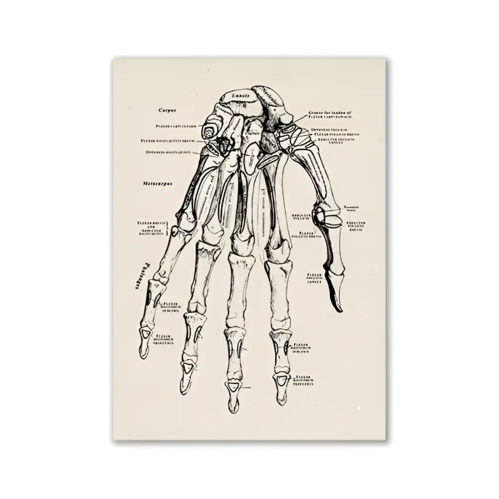 DecorBites™ vintage anatomy art print featuring a black ink anatomical hand skeleton on off-white paper for medical decor