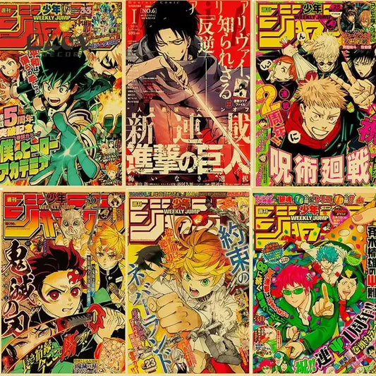 Six vibrant vintage anime shonen jump covers featuring jojo’s bizarre adventure and dynamic colorful artwork posters