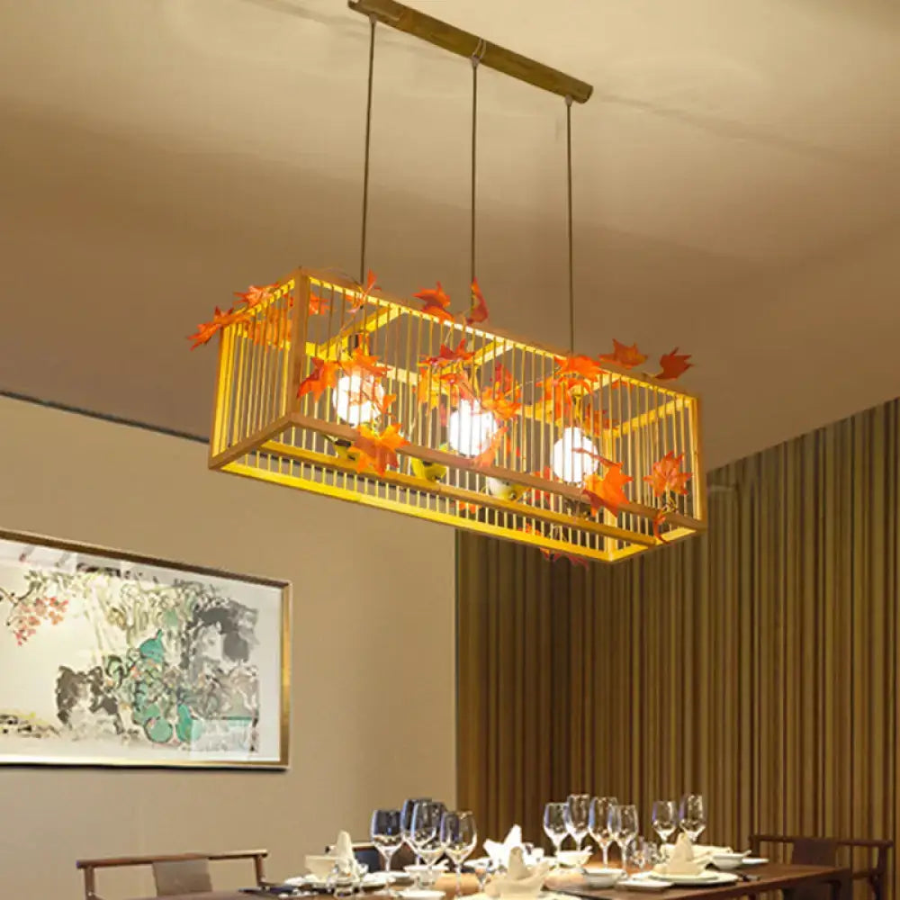 DecorBites vintage beige bamboo pendant light with orange maple leaf and green leaves for tea room lighting