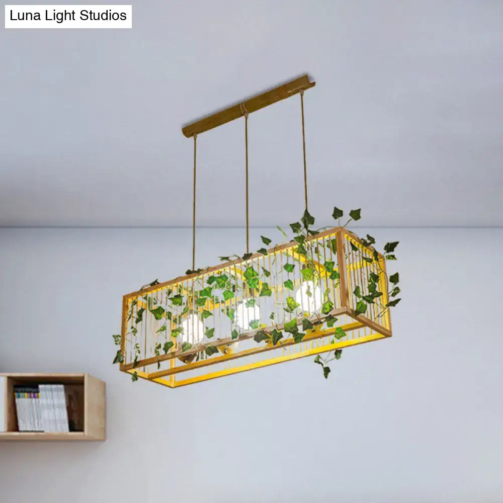 Decorbites™ vintage beige bamboo pendant light with gold cage and green leaves featuring red maple leaf for tea room lighting