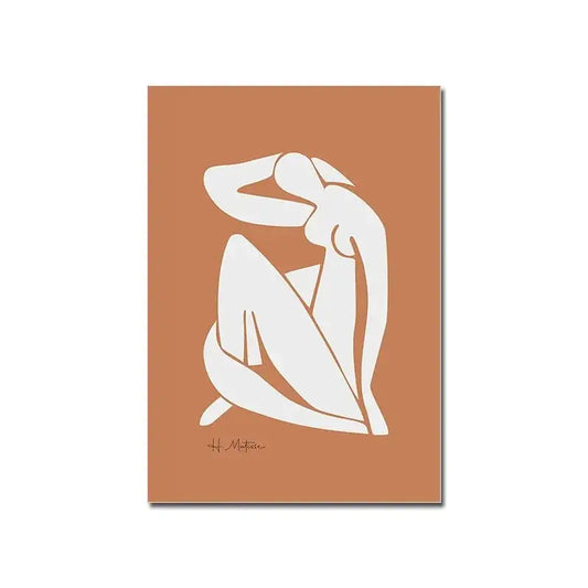 Minimalist white bauhaus canvas print featuring a seated figure on a terracotta background signed by h for modernism exhibition