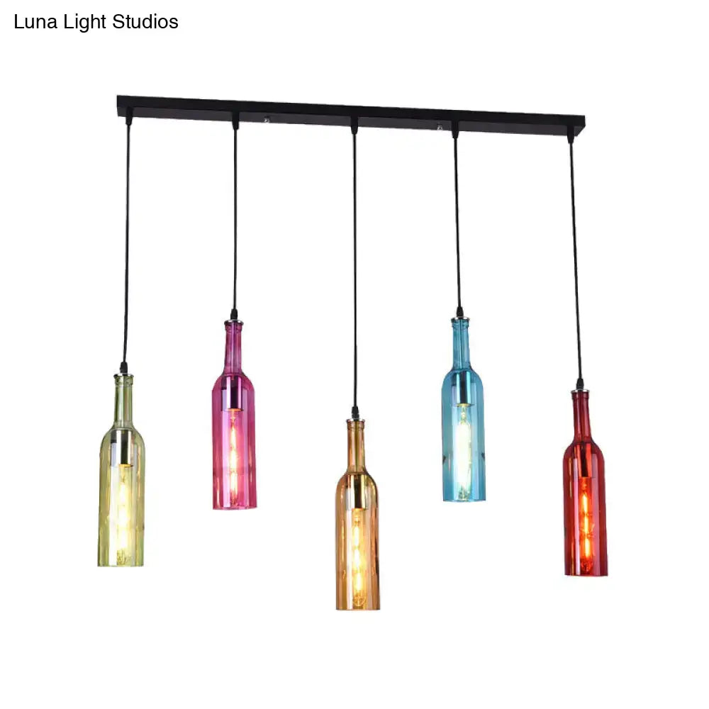 DecorBites vintage black bottle cluster pendant lamp with colorful glass shades in green pink gold blue and red hues 220v-240v 110v-120v