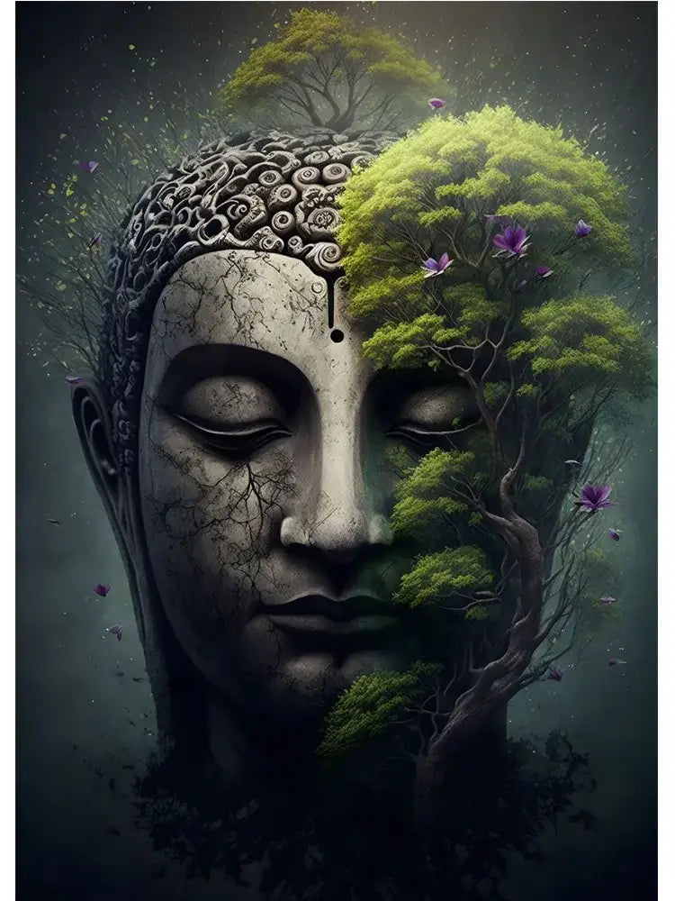 Decorbites™ vintage buddha canvas print featuring a cracked stone buddha head with tree and purple flowers wall art poster