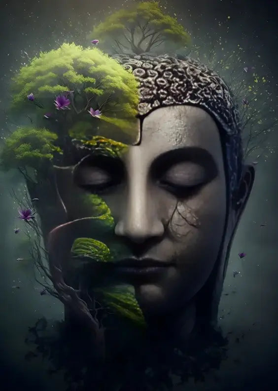 DecorBites™ vintage buddha canvas print featuring serene stone buddha head with green tree wall art poster